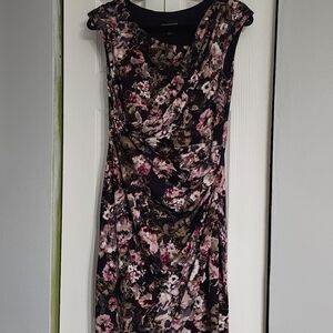 Brown Floral Midi Dress with Pink & Olive Accents